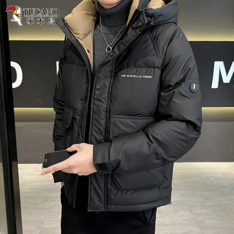 啄木鳥男士时尚潮牌羽绒服冬季新款短款潮流连帽加厚保暖工装外套