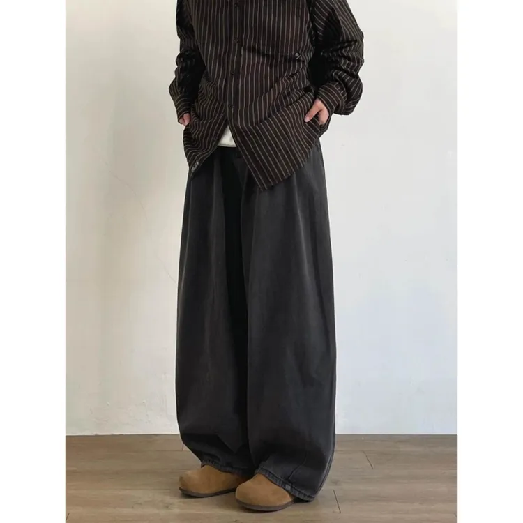 日系牛仔裤男女潮牌ins高街复古水洗做旧阔腿宽松直筒休闲长裤子