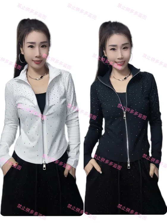 弹力棉加厚磨毛烫钻拉链上衣3927-（XD）
