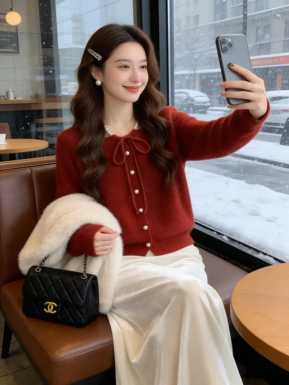 不起球 甜美温柔风系带珍珠扣水毛毛针织开衫女法式洋气毛衣外套
