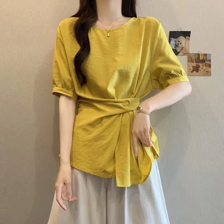 大码胖MM新款法式气质交叉绑带设计感短袖上衣别致小众衬衫小衫女