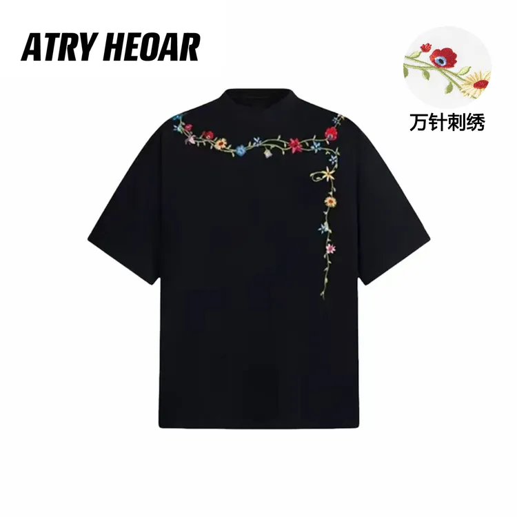 ATRY美式藤条花卉刺绣短袖t恤国潮牌男女高街情侣圆领上衣宽松tee