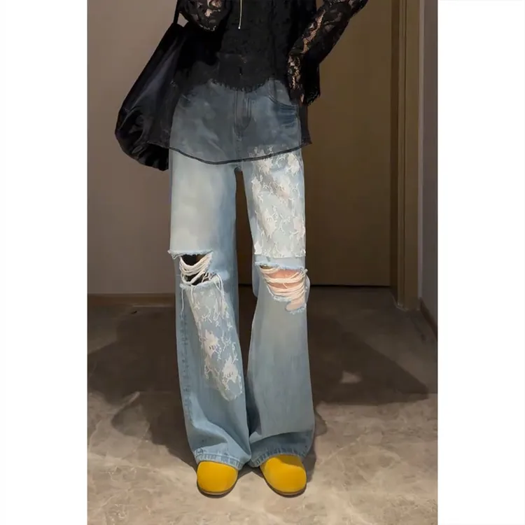 艾塔莉复古破洞阔腿牛仔裤子春夏新款显瘦梨形身材百搭小众小个子