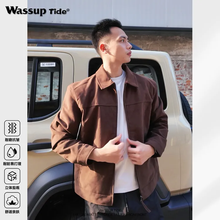 WASSUPTide美式仿麂皮教练夹克外套男士立体剪裁正肩新款爆款皮衣