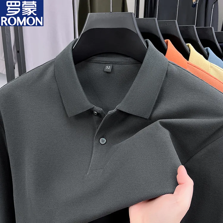 罗蒙男士纯棉polo衫长袖t恤秋季翻领2025新款时尚休闲纯色上衣潮