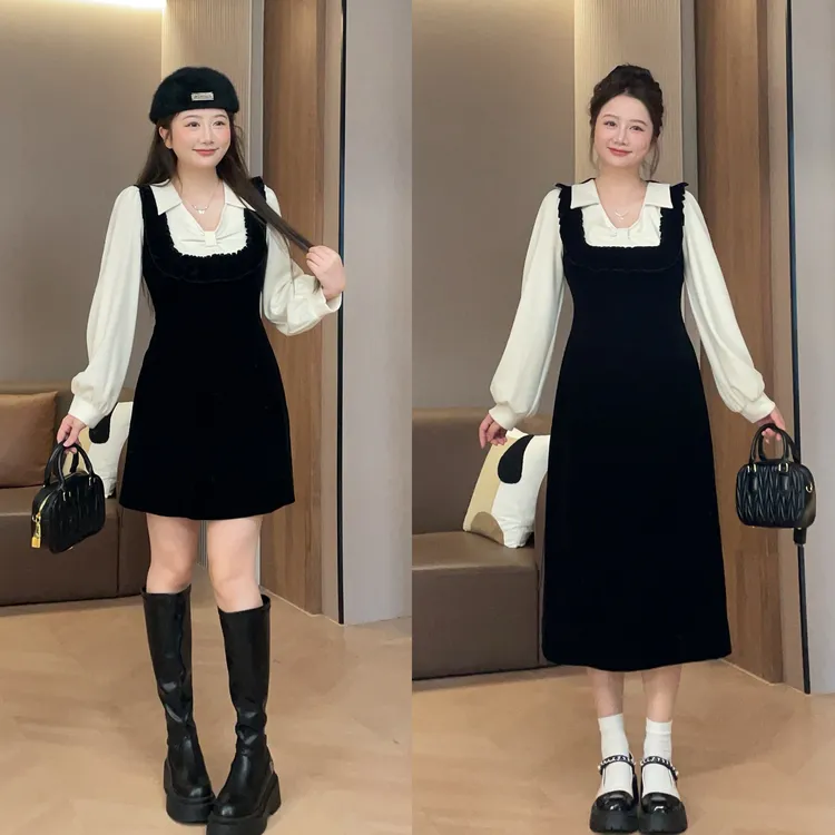 大萌萌【部分现货】千金风撞色拼接秋冬收腰显瘦假两件丝绒连衣裙