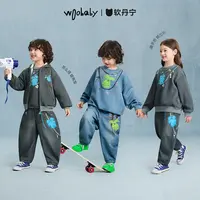 【软丹宁】woobaby儿童毛怪仿牛仔远红外发热抗菌加绒卫衣裤子套装
