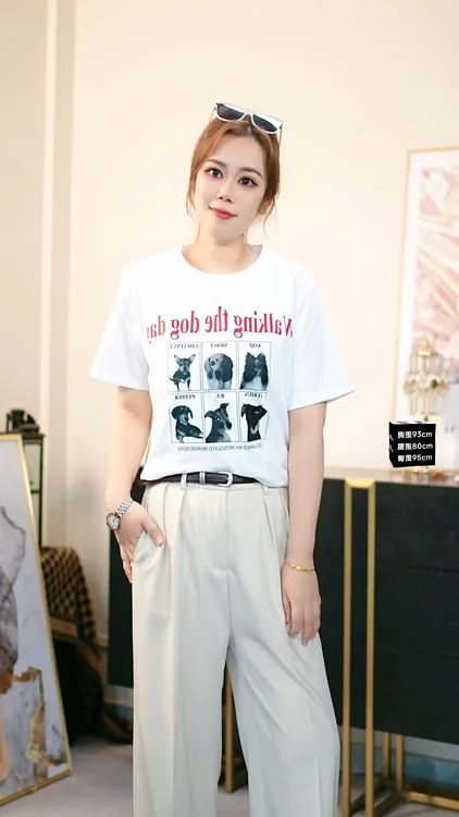 大码女装 胸108-132复古狗狗印花短袖6225#