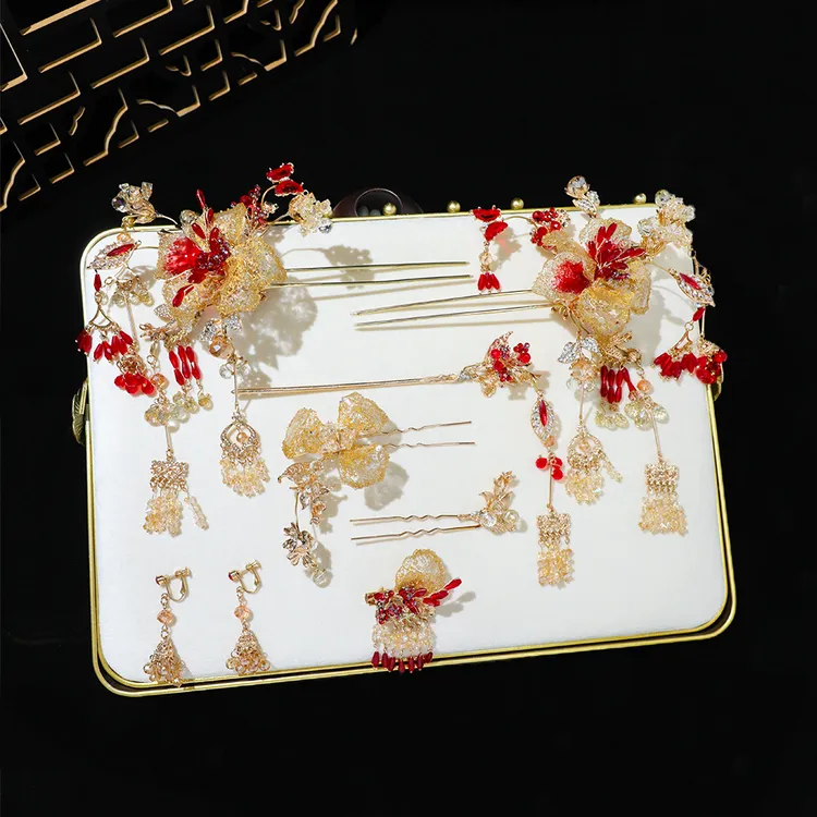 HZ1298婚饰婚礼大气新娘头饰复古结婚金色流苏新娘红色韩式