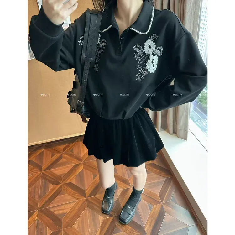 PCNY「黯雅纹花」不理理秋季新款小众女装时尚显瘦翻领刺绣长袖卫衣