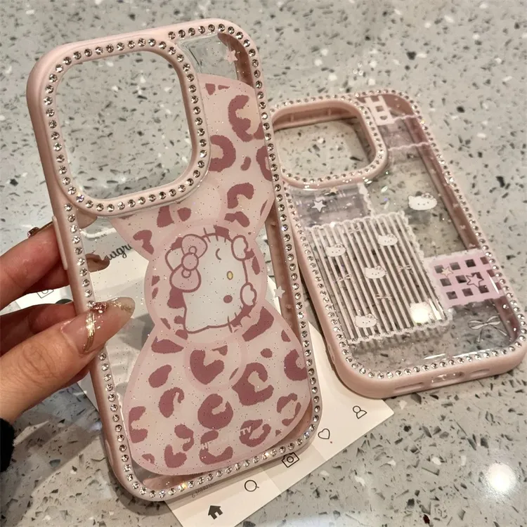 新款豹纹蝴蝶结猫咪适用iphone16promax手机壳苹果15少女心14镶钻