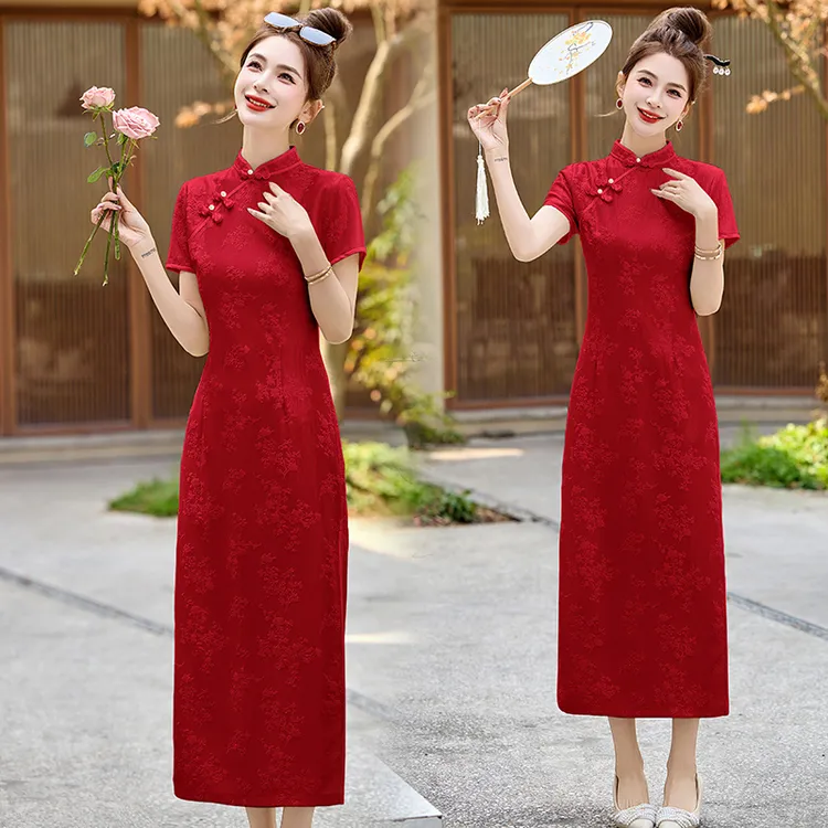 旗开得胜送考红色旗袍长款新款高档提花改良新中式喜妈妈婚宴礼服