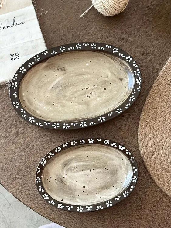 张张的商店·复古刷釉小梅花椭圆盘甜点下午茶点心水果蛋糕盘粗陶