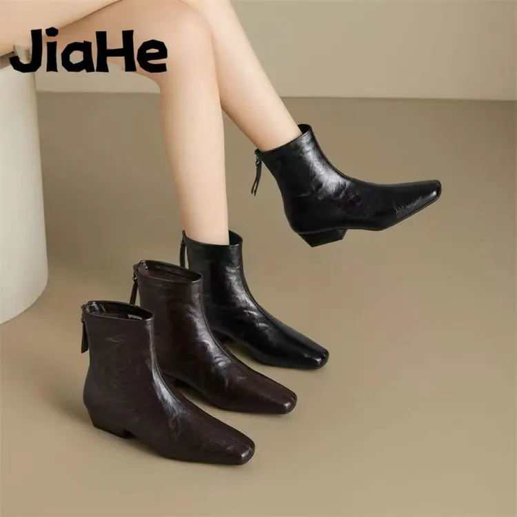 百搭加绒秋冬时装靴女鞋气质女靴方头瘦瘦靴低跟中年女士棉鞋