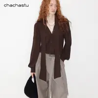 CHACHASTU【深秋】午后冰美式复古重工风琴褶气质长飘带衬衫ZRS1852