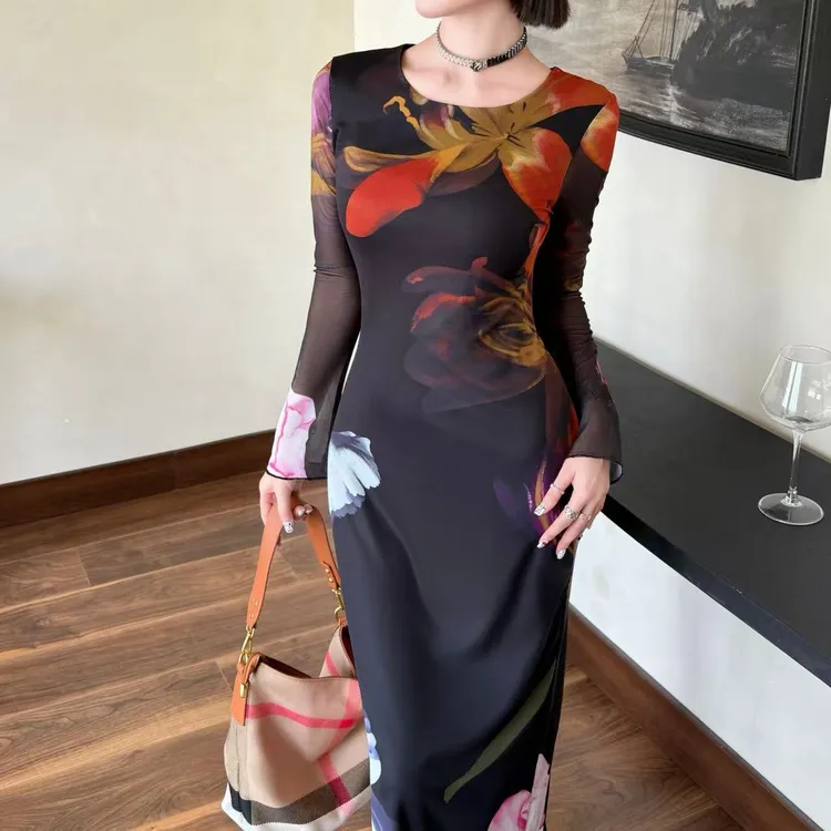 春季外贸原单土耳其新款印花网纱长袖连衣裙精致中长女裙打底860