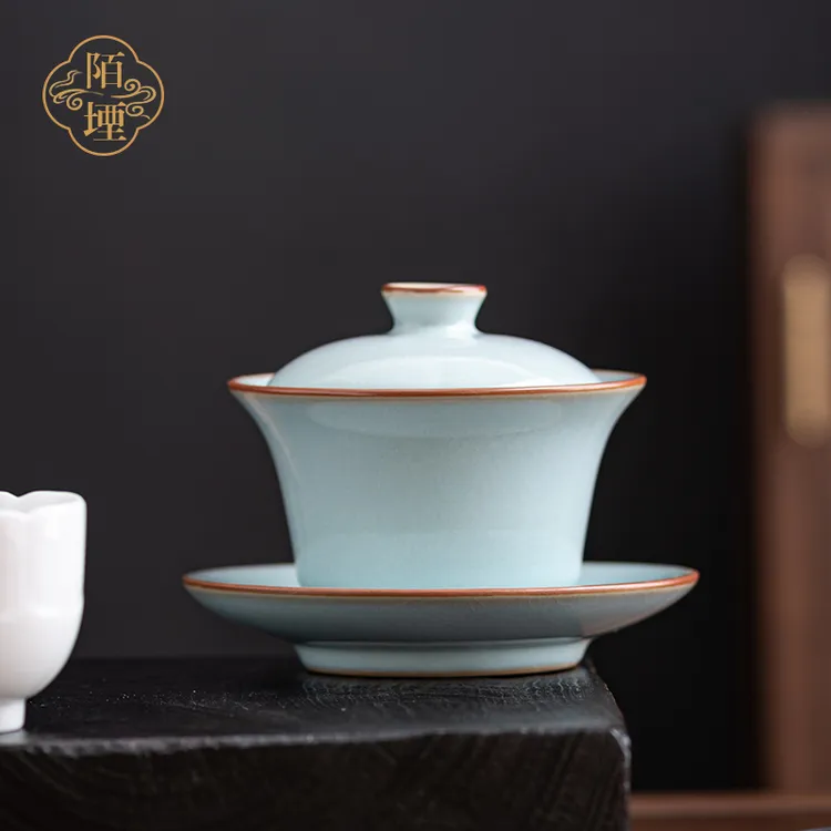 陌堙 汝瓷三才盖碗 复古陶瓷茶杯宋式汝窑可养开片功夫茶具泡茶碗