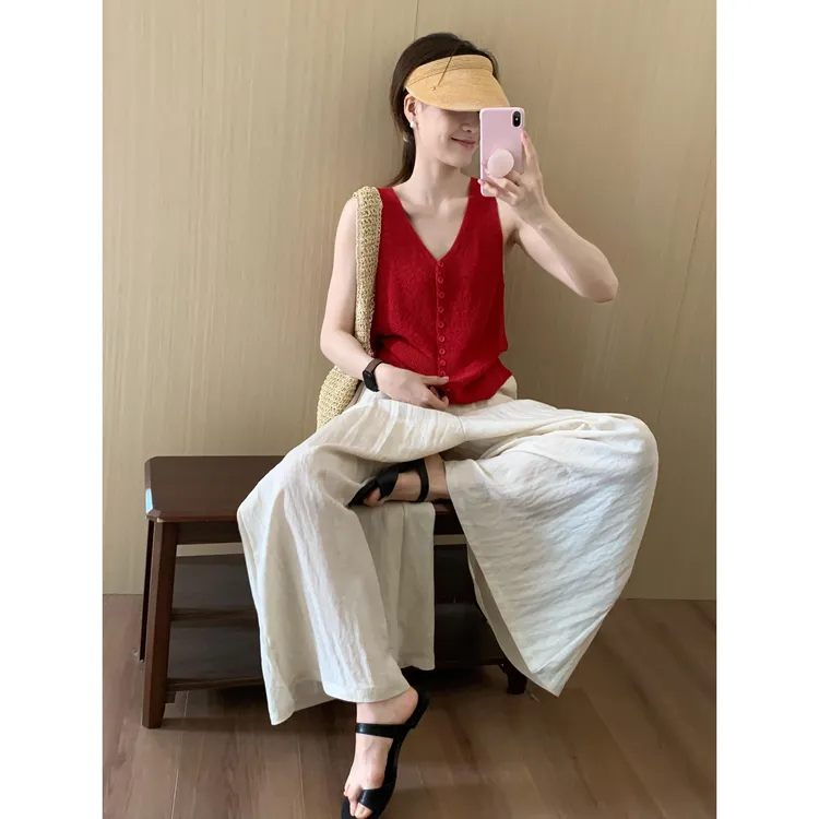 洋气衣服女V领针织背心马甲休闲裤子女装夏装套装2025新款爆款潮