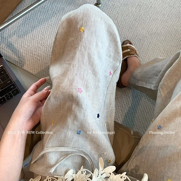 慵懒风花朵刺绣休闲亚麻阔腿裤女2025夏季新款宽松显瘦百搭直筒裤