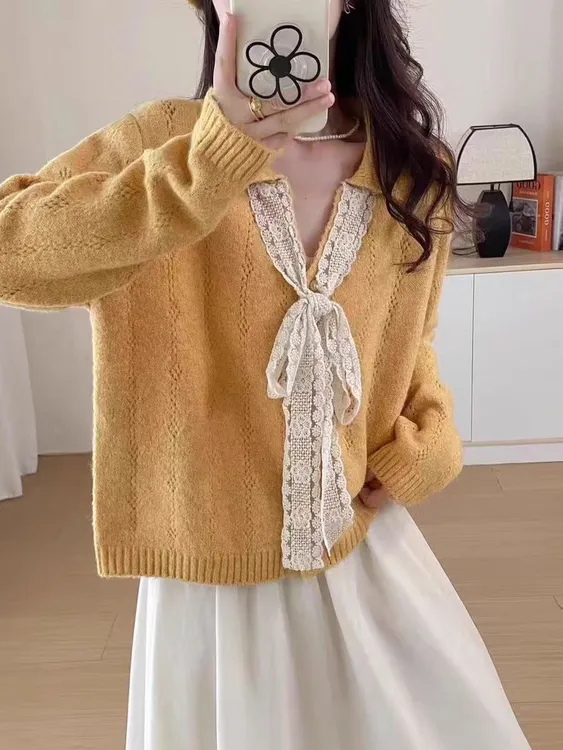 胖MM系带蝴蝶结V领毛衣开衫洋气减龄秋季针织衫女H811