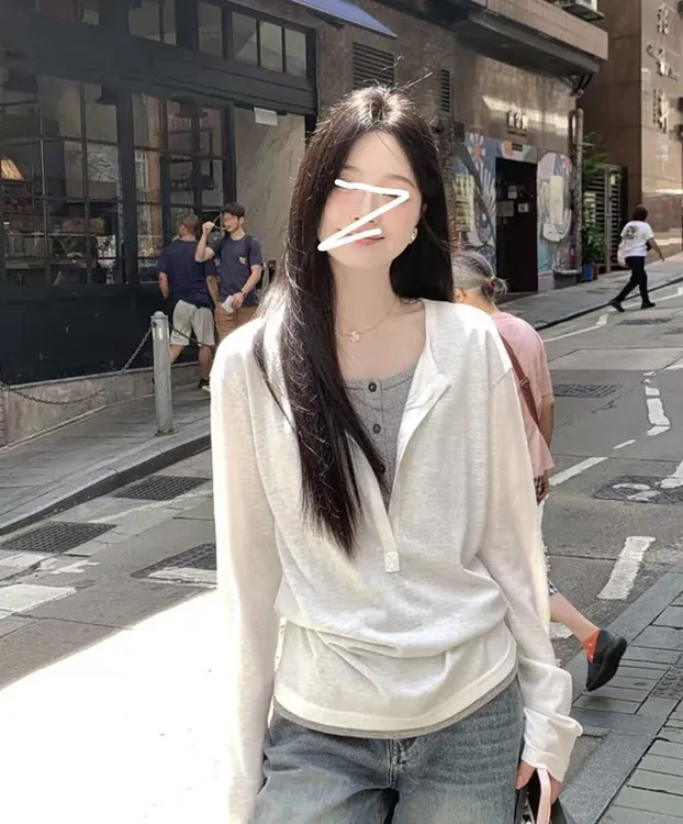 【chill感】网红假两件撞色翻边秋季长袖T恤女宽松慵懒休闲上衣924#