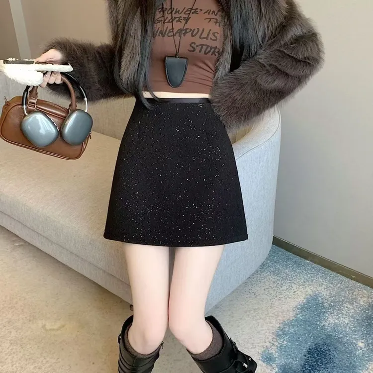 秋冬小香风璀璨繁星毛呢2025亮片短裙裙子半身裙新款高腰显瘦百搭