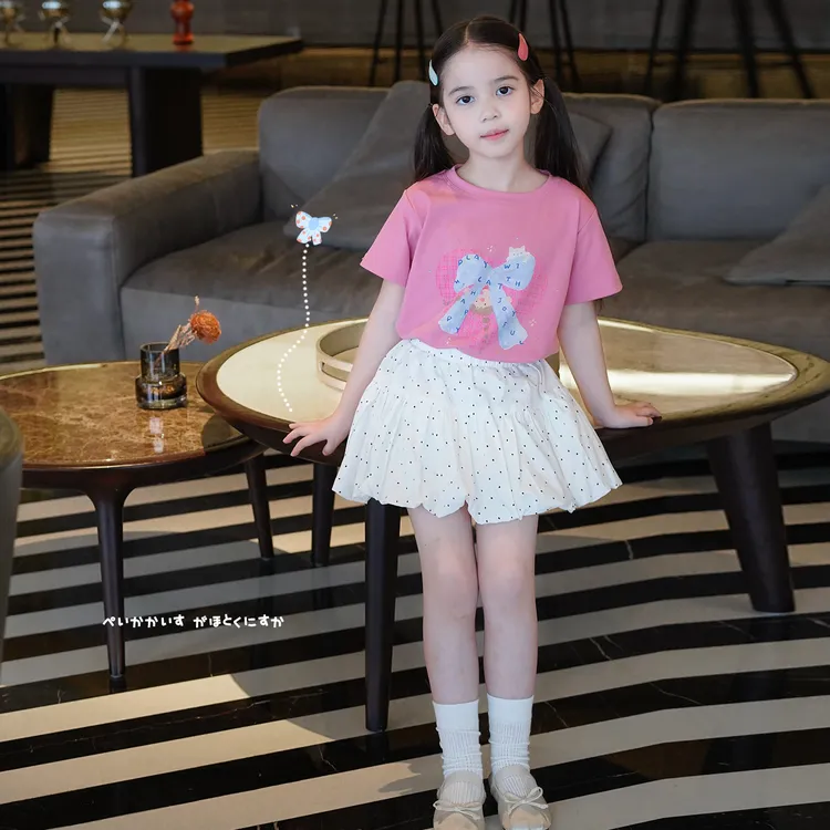 AnnieGirl女童夏季新款甜美可爱蝴蝶结短袖花苞裙套装两件套2026