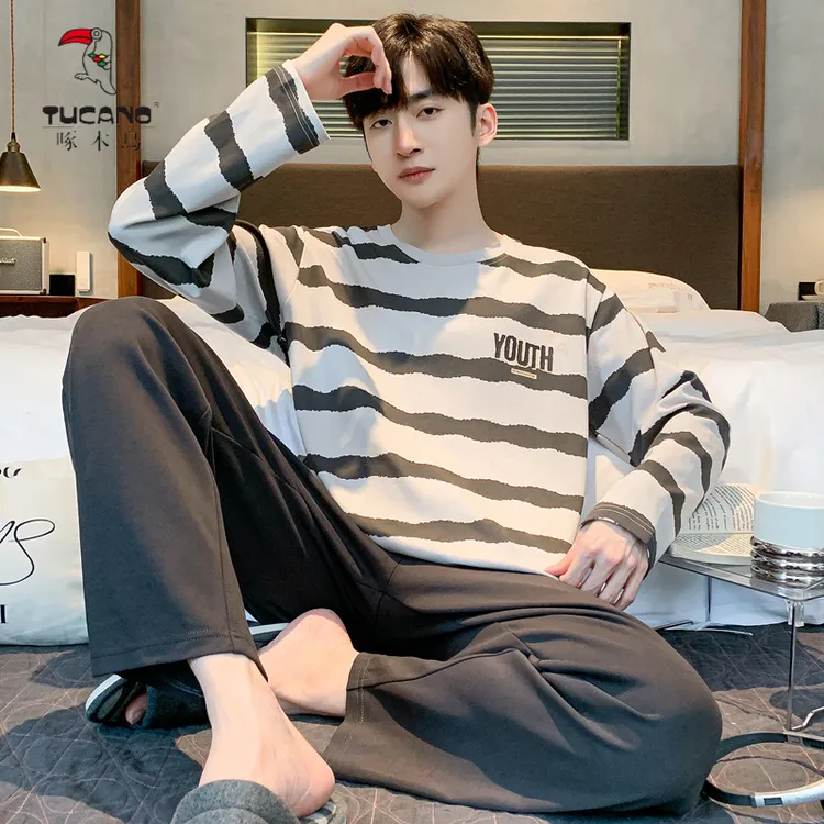 啄木鸟纯棉睡衣男士春秋季条纹长袖长裤休闲宽松可外穿家居服套装