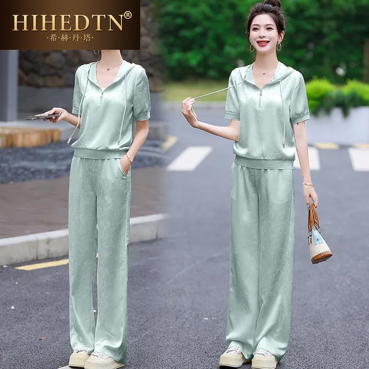 希赫丹塔时尚套装女夏季新款韩版提花宽松显瘦洋气减龄连帽两件套