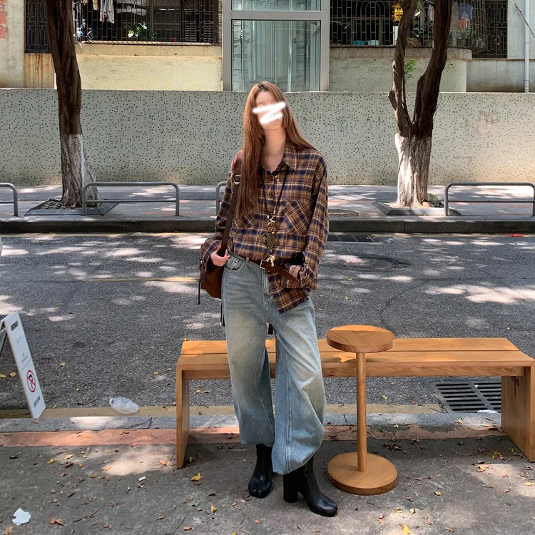 条纹格纹衬衫外套韩版衬衫秋季新款工装风显瘦休闲百搭上衣女