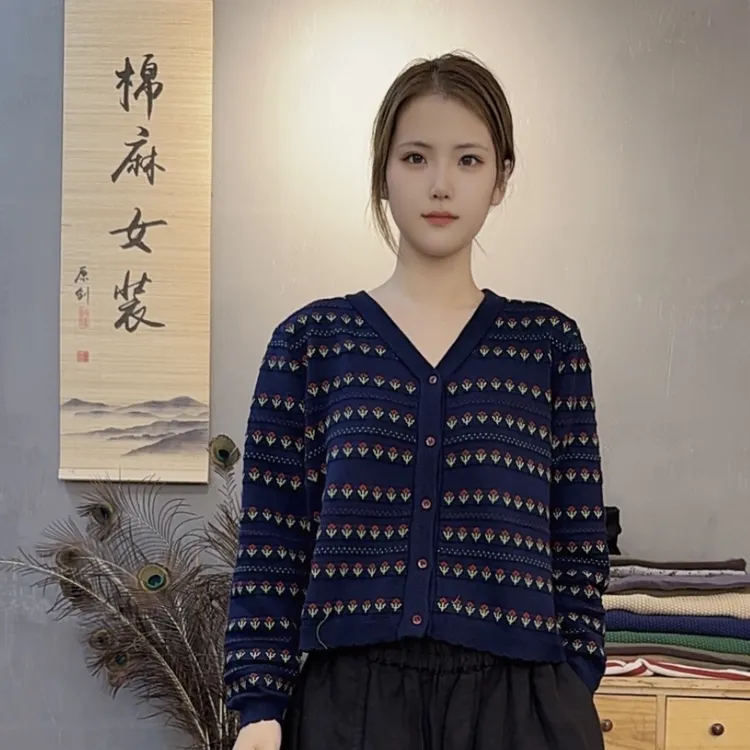 针织圆领女提花时尚长袖薄款毛针织衫气质宽松百搭上衣