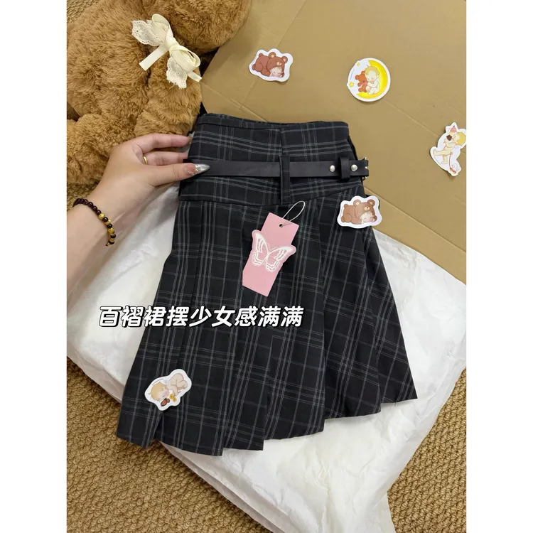学院风复古格纹低腰百褶半身裙女夏季新款时尚辣妹小个子A字短裙
