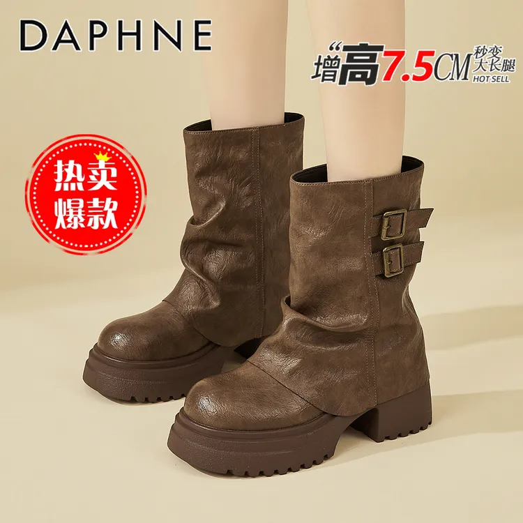 达芙妮金丝绒短靴女2025秋季新款厚底褶皱堆堆靴流光游牧风骑士靴