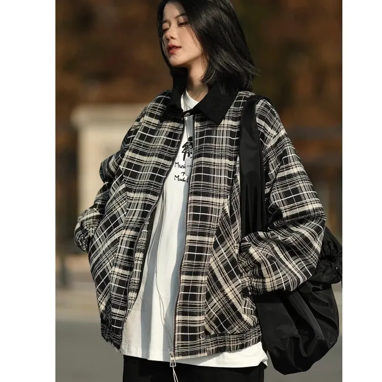 日系翻领条纹格子夹克男女春秋季新款美式潮牌宽松情侣休闲外套  