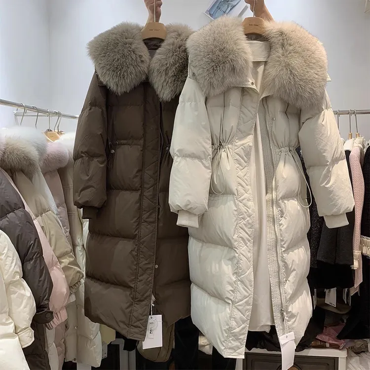 仿狐狸毛棉服女长款2025冬新款大毛领收腰显瘦过膝加厚外套潮ins