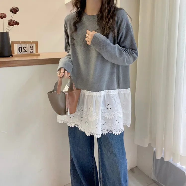 HONG JIA LIN/虹嘉琳洋气大码拼接蕾丝下摆长袖春秋冬季德绒T恤衫