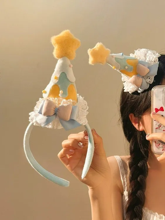 许个愿!少女心黄色星星生日帽头饰发夹女可爱氛围感拍照道具头箍