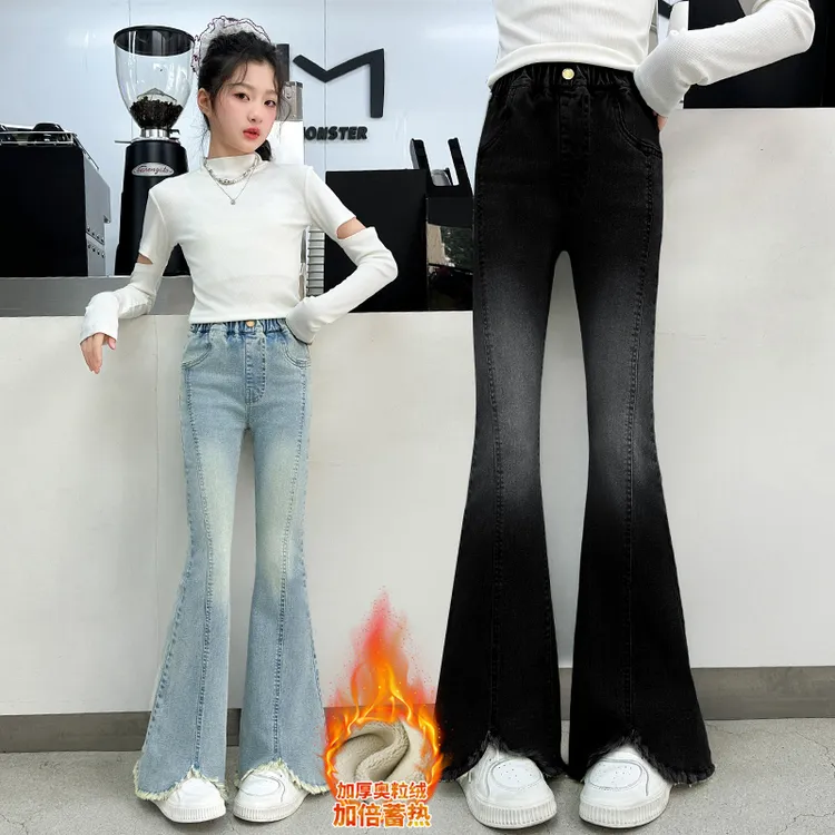 女童裤子秋冬装加绒加厚喇叭裤儿童中大童韩版休闲拼接毛边牛仔裤