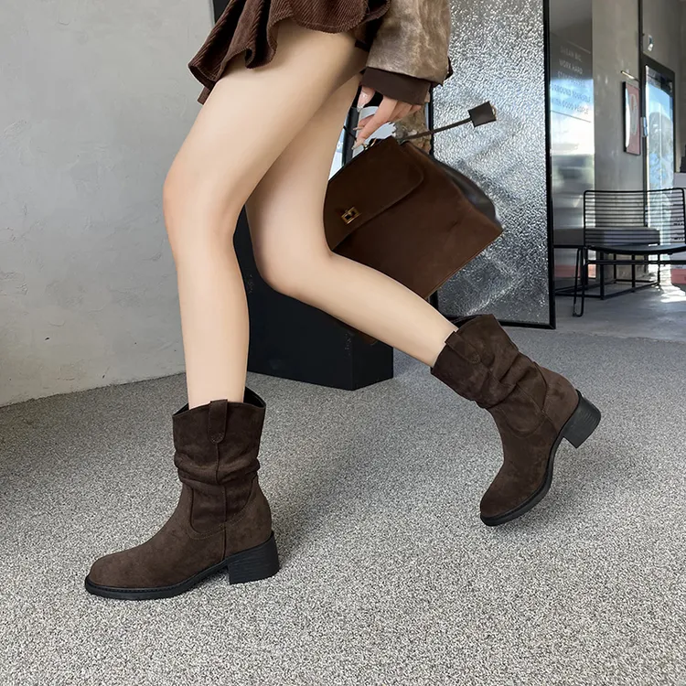 2025新款网红时装靴内增高瘦瘦靴厚底时尚粗跟复古女鞋百搭堆堆靴
