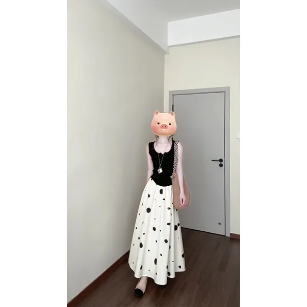 法式黑色波点印花A字裙2025春季新款高腰显瘦半身裙黑色背心套装