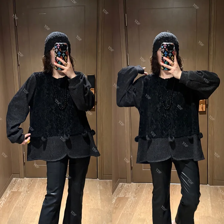 YDFSTUDIO小众【暖阳妮影】欧货高品重工假两件丝绒拼接设计上衣