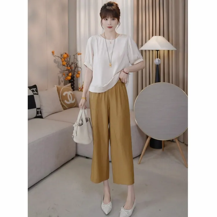 浮光掠影~醋酸缎面松紧腰显瘦小直筒裤子九分裤25BK040