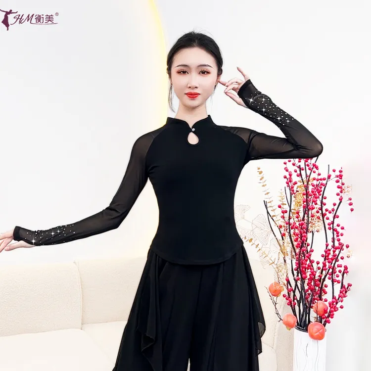 古典舞练功服烫钻旗袍立领套指长袖时尚修身现代舞形体演出服装女