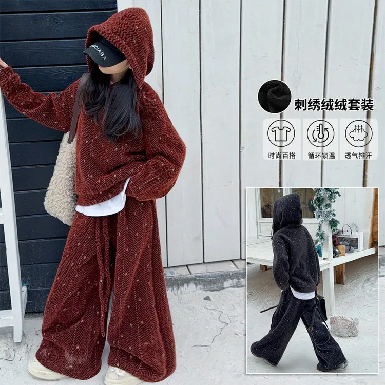 女童加绒套装2025新款儿童年货冬装加厚连帽外套阔腿裤一整套穿搭