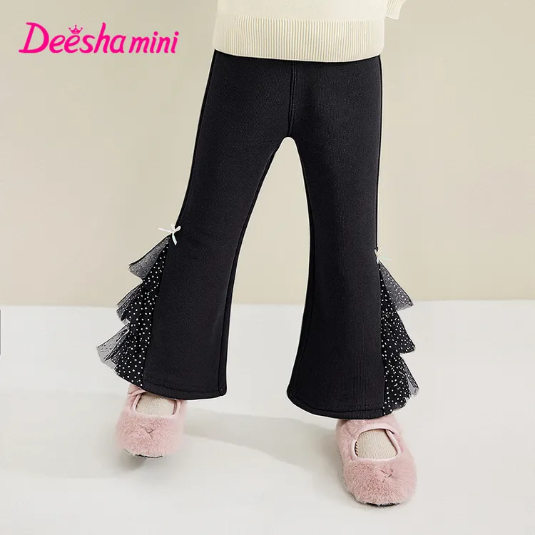 笛莎女童裤子冬季新款百搭蕾丝微喇裤宝宝加绒舒适棉裤-11255A402