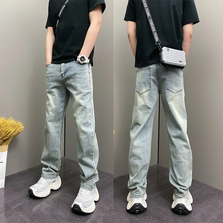 春夏季潮牌百搭痞帅水洗浅色系宽松哈伦直筒休闲户外男士牛仔裤子