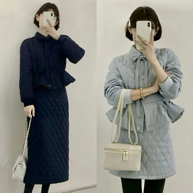 温柔系菱格纹蝴蝶领结学院风收腰两色套装短款棉服半身裙A1609