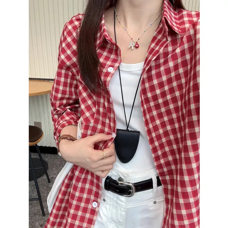 红色格子防晒衬衫女夏季薄款格纹衬衣外搭开衫韩系慵懒松弛感外套