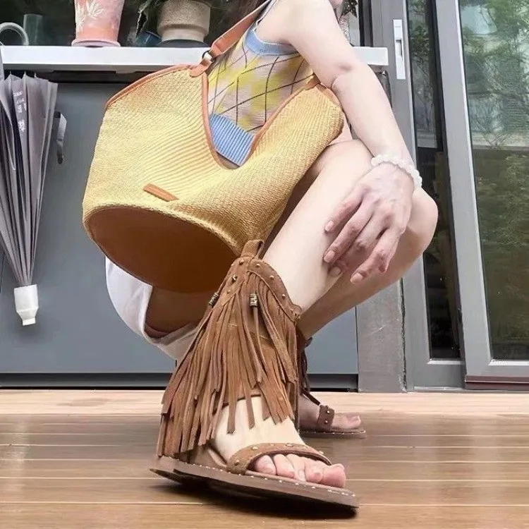 铆钉流苏女米西亚罗马凉靴女夏季2025新款高帮坡跟增高凉靴凉鞋