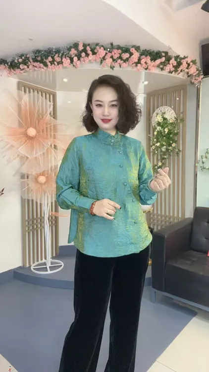 【流光锦】新中式国风复古提花盘扣褶皱木耳边立领长袖衬衫Y9090-2